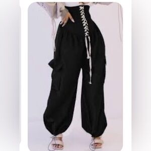 KTOOBlack Wide-Leg Cargo Pants with Lace-Up Corset Waist